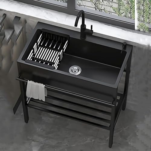 Atkits Portable Sink Unit No Plumbing Free Standing Stainless Utility Sink Laundry Sink, Black Single Bowl Kitchen Sinks Handwashing Station,80x45 cm