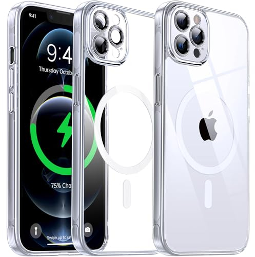 Flyzoo Magnetisch Hybrid Clear Hülle für iPhone 12 Pro -[Kompatibel mit MagSafe] [Eingebaute Kameraschutz Folie] Hart Durchsichtig Handyhülle Stoßfeste Transparente mit Silikon Schutzhülle,6,1,Silber