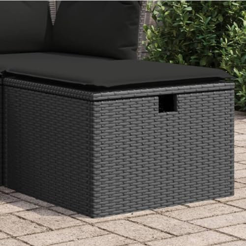Homgoday Gartenhocker mit Kissen Sitzhocker Fußhocker Sitzhocker Balkon Gartenmöbel Hocker für Balkon Terrasse Garten Schwarz Poly Rattan 55x55x37 cm