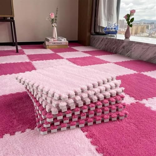 30 Stück DIY Puzzle Shaggy Teppich - Wohnzimmer Schlafzimmer Weicher Bodenbereich - Magische Patchwork Plüschmatte Spielmatte Ineinander Greifender - Weiche EVA-Schaumstoffmatten (Rose)
