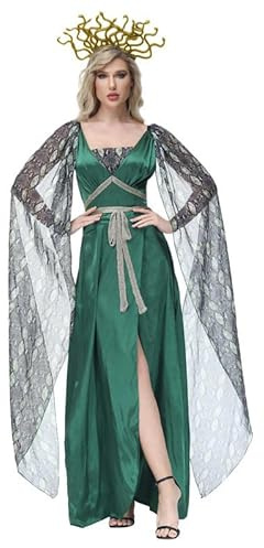 mewjoy Frauen Medusa Fancy Kleid Erwachsene Grüne griechische Göttin Outfits mit Kopfbedeckung für Halloween Cosplay Party
