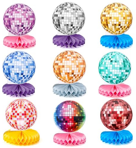 PEUTIER 9 Stück Diskokugel-Mittelstücke, Bunt Disko-Waben-Mittelstücke Diskokugel-Party-Tischmittelstücke Dekorationen für 70er Jahre Musikthemen Geburtstagsparty Dekor Zubehör Gastgeschenke