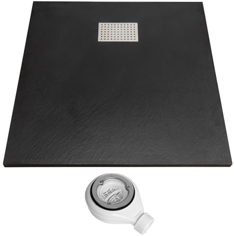 Thermopanel SMC Black Shower Trays Base Slate Stone Effect Textured Non Slip with Waste and Stainless Steel Cover - 800 x 800mm