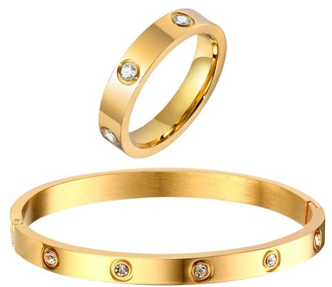 RIXERKOC Gold Ringe Armbänder für Damen 18K Gold plattiert Liebe Freundschaft Armband Cubic Zirkonia Armreif mit Ring Edelstahl Schmuck-Set Hochzeit Band Schmuck (Goldarmband mit Ring Größe 6)