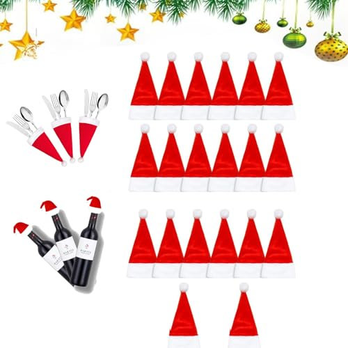 YQBFTC 20Pcs Christmas Cutlery Holder, Mini Santa Hat Silverware Holders Set, Xmas Tableware Cutlery Bags Decorations, Red Santa Hats Pockets Knifes Forks Tableware Bags for Home Party Table Decor