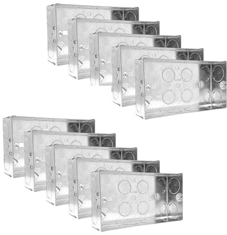 Evoges Double Metal Back Box, 35mm, 2 Gang, 1.0mm Thickness for Electrical Sockets Switches, BS4662 Standard, 20mm & 25mm Knockouts, Adjustable Lug, Brass Terminal (10)