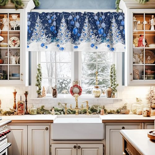 Cliduli Cenefa de Navidad para ventanas, copos de nieve de Navidad, adornos de bola de Navidad azul, adornos de árbol de Navidad blanco, 1 panel de cortina corta para ventanas de cocina, baño,