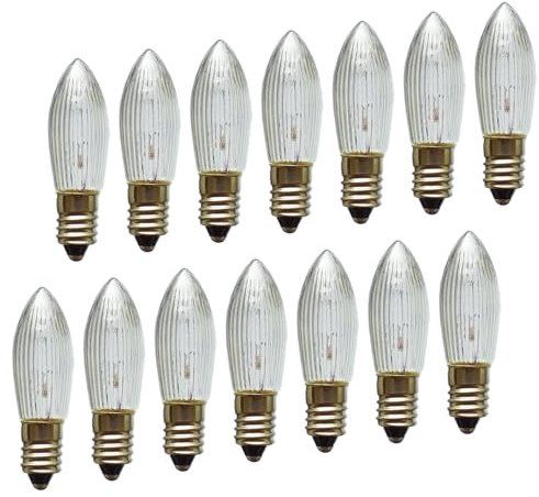 Erzgebirgslicht - AUSWAHL - 14x Topkerze Spitzkerze 34V 3W E10 für 7 Brennstellen Ersatzbirne Glühbirne Riffelkerze Glühlämpchen für Lichterketten und Schwibbogen (keine LED!)