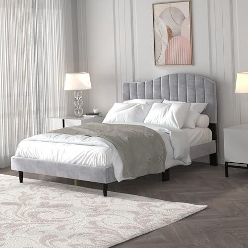 Galano Azalea Upholstered Double Bed Frame with Headboard – Grey Polyester Fabric – Solid Wood Slats for Mattress Support, Modern Platform Bed, Easy Assembly – 148.5 x 201 x 113.5 cm