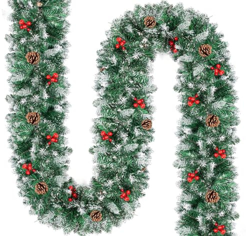 Truevaste Weihnachtsgirlande, 2.7M Girlande Weihnachten, Tannengirlande Künstlich mit Tannenzapfen und Roten Beeren, Perfekt für Outdoor Treppen Kamin Haustür Weihnachtsdeko