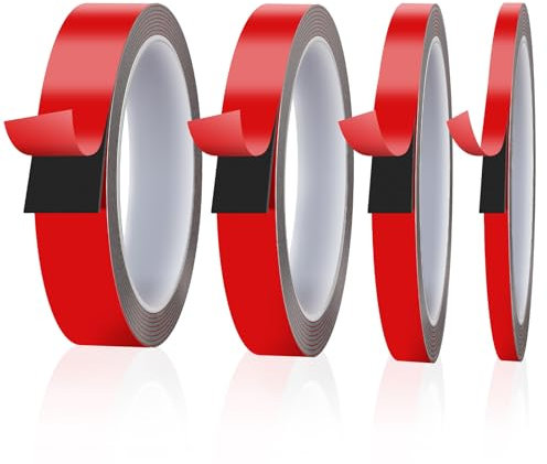 Euqvunn Nastro Biadesivo Extra Forte 3,0 m × 4 Rotoli, Nastro Adesivo in Schiuma, Nastro di Montaggio per Tappeti, Ganci da Parete, Decorazioni, Strisce LED (0,6/1/1,5/2 cm × 0,8 mm)