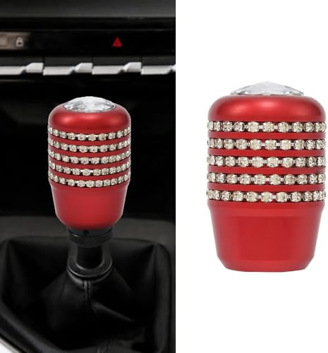 Blueshyhall Auto Schaltknauf Glitzer, Universal Schaltknauf mit Diamant Strass für Automatik Manueller Wagen, Bling Auto Schaltknauf Tuning aus Aluminium mit 8mm/10mm/12mm Gummi Adapter (Rot)