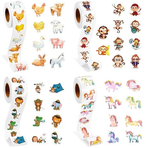 OMJMYY 2000 Stück Runde Cartoon Sticker Kinder,Aufkleber Kinder,Selbstklebende Sticker Tiere,Tier Belohnungssticker Stickerrolle mit 34 Cartoon-tiermotiven für Skateboard Gepäck Laptop