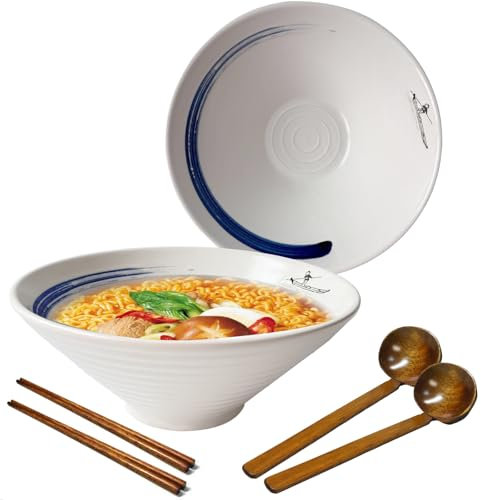 mehrido Ceramic Ramen Bowl Set, 2 Sets 1000ml Large Japanese Noodle Soup Bowls with Spoons and Chopsticks for Soup Udon Soba Pho Asian Noodles Pasta Salad