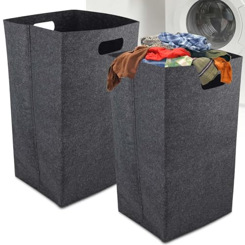 2 Stück Wäschekorb, Faltbar Wäschesammler 60L, Laundry Baskets, Schmal, Filz Groß, Wäschesortierer, Schmutzwäschebehälter für Schlafzimmer und Badezimmer, Dunkelgrau