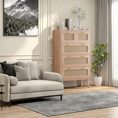 CDQL Rattan Kommode mit 5 Schubladen, Sideboard Highboard, Schubladenkommode aus Holz, Mehrzweckschrank für Flur Schlafzimmer Wohnzimmer Badezimmer, 60 x 91 x 34 cm