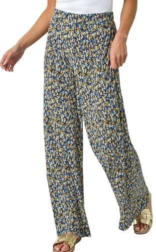 Roman Wide Leg Trousers for Women UK Ladies Palazzo Pants Evening Jersey Elasticated High Waist Smart Flared Culotte Office Work Going Out Loose Crepe Bottoms - Petite Ditsy Noir - Size 14