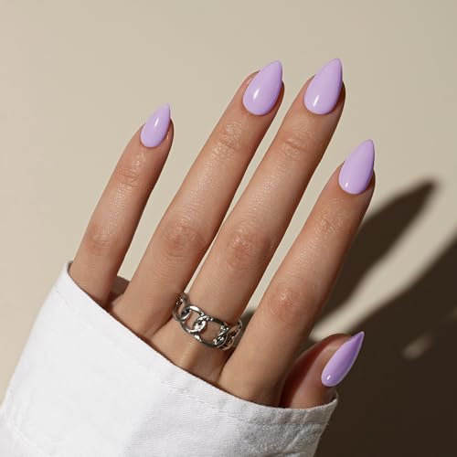 KQueenest Light Purple Press on Nails Short Almond, Short False Nails Press ons, Sheer Pastel Lilac Fake Nails Medium Stiletto, Glossy Opaque, Reusable Soft Gel Stick on Nail for Women, 30 Pcs
