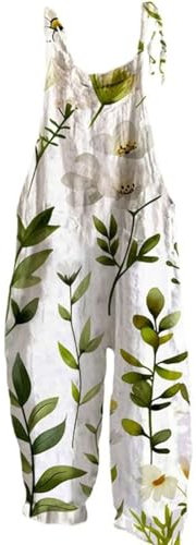 EMUKFD Salopette da donna UK gamba larga Boho stampa tuta floreale vestibilità ampia tutina cotone lino estate spiaggia senza maniche tutine salopette salopette tuta traspirante ampia casual vacanza