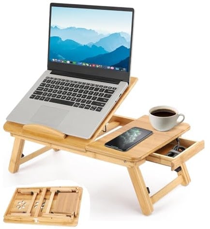 Laptoptisch Bambus Laptop-Betttisch 50x30cm – Verstellbarer Notebooktisch mit Lüftungslöchern, Schublade und klappbaren Beinen zum Arbeiten, Lesen oder Frühstücken