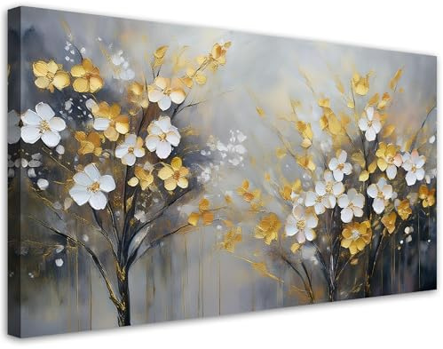 Feeby Bilder - Foto Geschenk - Abstrakter Baum Blumen Gold - 120x60 1tlg - Leinwandbilder Wohnzimmer - Wandbild über dem Bett - Bild Schlafzimmer - Aesthetic Zimmer Deko - Modern Pictures