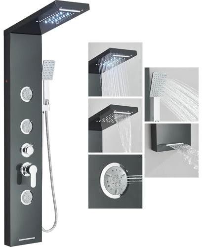 Duschpaneel mit Mischer, 6 Funktionen, LED und Regendusche, Wasserfallsäule aus schwarzem Edelstahl, mit 3 Massagedüsen, Badewannenablauf