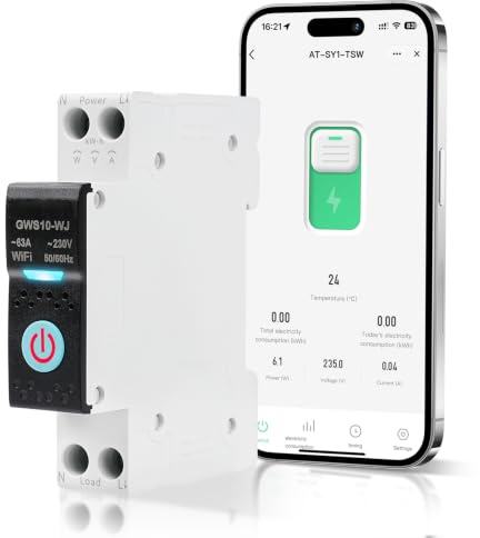 Tuya Disjoncteur Intelligent WiFi Smart Disjoncteur TUYA APP Contrôle à Distance Commutateur de Commande vocale Minuterie Comptage d'électricité 63A 230VAC (GWS10-WJ Édition avec mesure)