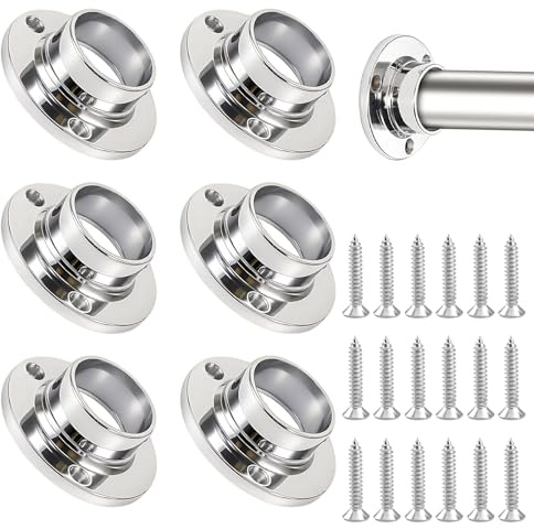 6PCS 25mm Wardrobe Rail Brackets with Holding Screws, Stainless Steel Flange Rod Holder for Wardrobe Hanging Rod, Chrome Closet Rod End Supports Bracket for Clothes Rail, Towel Bar, Shower Curtain