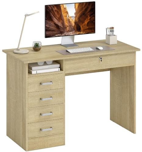 HOMCOM Scrivania per Computer con 5 Cassetti 110x50x76cm Rovere