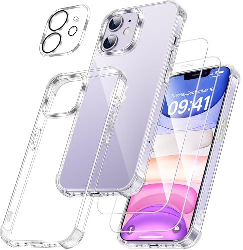 FLLAO Case for iPhone 11, with 2 Screen + 1 Lens Protector, Clear | 2 HD Screen Protector + 1 Camera Lens Protector, Shockproof Air Cushion, Anti-Yellowing, Slim Soft TPU Bumper Cover