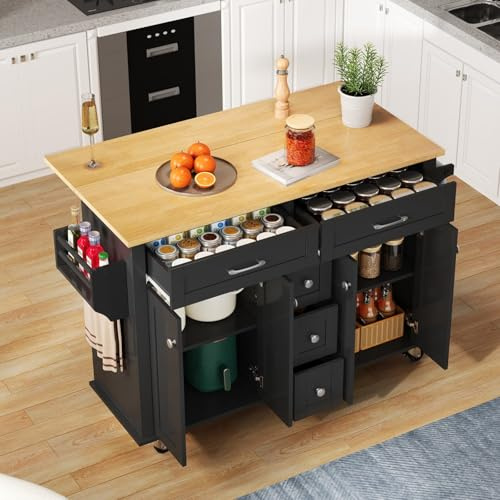 PUGSDRLY îlot de Cuisine avec Plateau de Table Pliable,Buffet Meuble,Desserte de Cuisine à roulettes,5 Tiroirs et 4 Portes, avec Porte-épices et Porte-Serviettes (Noir-H)