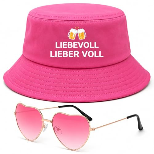 2 Stück Festival Zubehör Set - Fischerhut Damen & Herz Sonnenbrille Pink - Baumwolle Anglerhut, Lustiges Festival Outfit Damen, Malle Accessoires & Mallorca Party Outfit Zubehör Für Jga Sommer