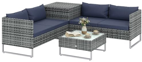 Outsunny 4 Seater Rattan Garden Furniture Set with Storage Box Dark Blue | Extra Wide Deep Corner Sofa, Glass-Top Coffee Table, Cushions, Outdoor Conversation Set for Patio