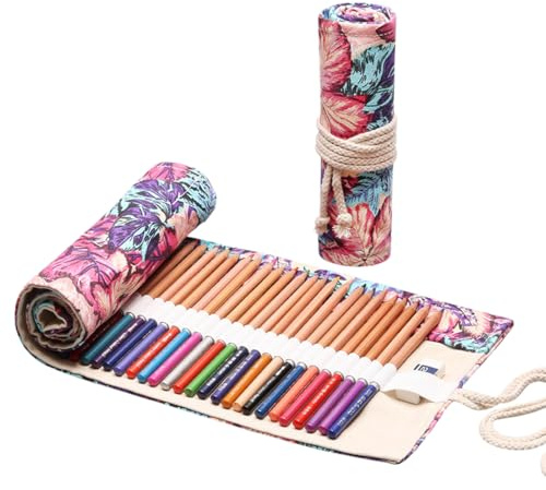 Leinwand Pencil Wrap, Mäppchen Federtaschen, Federmäppchen zum Aufrollen, Stifterolle 48 Löcher Buntstifte Federmäppchen Tragbar, Teenager Etui Stifte Pencil Case für Schule & Büro