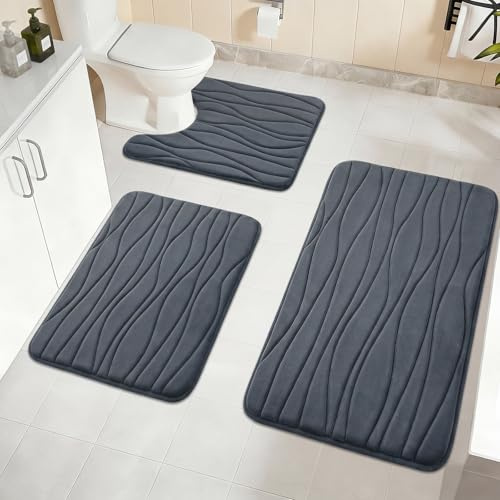 Homcomodar Badezimmerteppich Set 3 Weicher Memory-Schaum Badematte rutschfest Badteppich Waschbar Badematte Wasserabsorbierend und U-Form Bad Toilette für Dusche, WC & Badewanne(Grau)