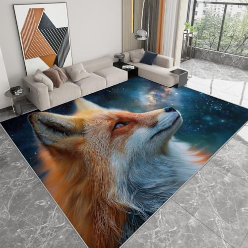 Teppich Wohnzimmer Schlafzimmer Zeichentrick Fantasy Fuchs Sternenhimmel, Waschbar rutschfest Unterseite - Pflegeleicht Läufer Teppich für Kinderzimmer, Weiche Bodenmatte 140 x 200 cm Dunkelblau