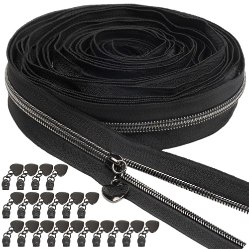 VOKABY 9m #5 Endlosreißverschluss mit Zipper mit Reißverschlussanhängern | Gold,Beige,Silber,Schwarz,Braun,Grau,Hellgrau,Weiß,Rot,Orange,Grün,Reißverschluss mit 20 Metall Reißverschlussanhängern