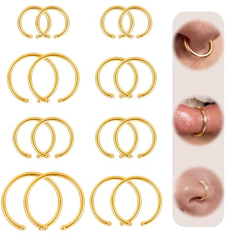JeweBella 16 Stück 20G/18G/16G Fake Nasenpiercing Ring Gold/Silber, Daith Helix Piercings Septum Nasenring Conch Tragus Piercing Lippe Ring Nasenpiercing Chirurgenstahl für Frauen Männer 6/8/10/12mm