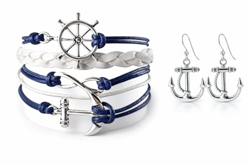 Infinity Collection Nautical Anchor Charm Earrings & Bracelet for Women, Navy & White Anchor Braided Bracelet, Weaved Leather Rope with Ship Wheel & Anchor Charms