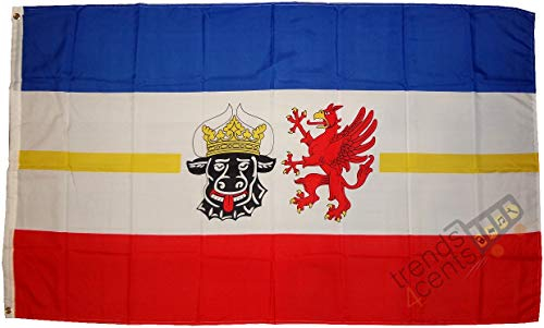 Top Qualität - Flagge Mecklenburg-Vorpommern Fahne, 90 x 150 cm, EXTREM REIßFEST, Keine BILLIG-CHINAWARE, Stoffgewicht ca. 100 g/m², sehr robust, extra starke Messing-Ösen - mehrfach umlaufend genäht
