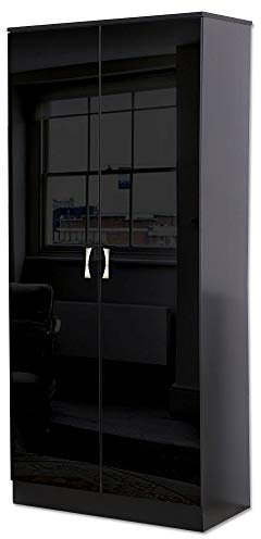 FWStyle Chilton High Black Gloss Bedroom 2 Door Wardrobe Modern Furniture Polished Metal Handles