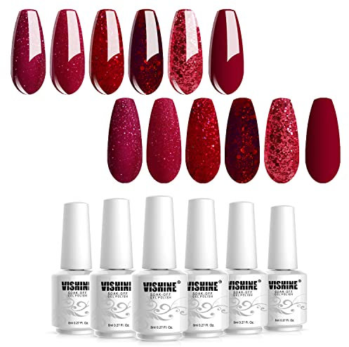 Vishine Red Glitter Gel Nail Polish Set - Burgundy Glitter Set of 6 Colors Soak Off UV LED Gel Nail Art Manicure Kit