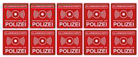 Aufkleber Alarmanlage Weiterschaltung zur Polizei Hinweis Rot Alarmgesichert 5 x 5 cm Witterungs- und UV-Beständig (10)