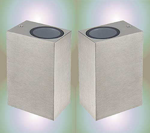 Trango 2er Pack IP44 Außen Up & Down Light 8014-SS2 in Eckig Nickel matt (Edelstahl-Look) Wandleuchte, Wandstrahler aus Aluminium Druckguss Wandlampe geeignet für 2x GU10 LED (ohne Leuchtmittel)