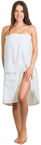 Brandsseller Damen Saunakilt Saunasarong S-XXL mit Klettverschluss, Gummizug und Tasche 100% Baumwolle (Länge: ca. 75 cm | Breite: S-XXL, Schneeweiß)