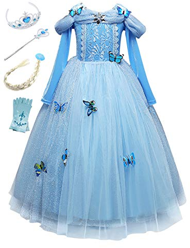Monissy Costume Reine des Neiges Princesse Elsa Robe Bleu Dentelle Manche Longue Tulle Brillant Papillon Diadème Perruque Gant Baguette Déguisement Halloween Anniversaire, Bleu, 100
