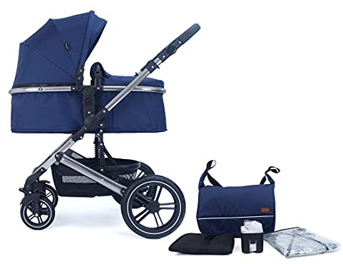 Pixini Neyla Kombi Kinderwagen mit Stoffwanne/Buggy/Wickeltasche/Getränkehalter/Regenplane/Mückennetz/Wickelauflage (chrom/marine)