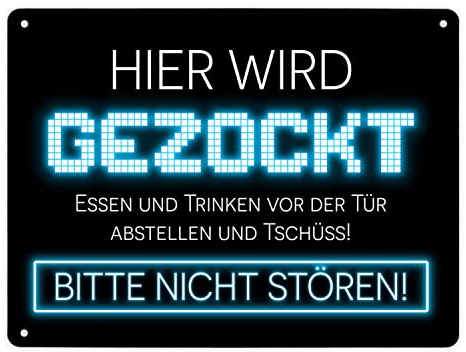 Hier wird gezockt Metallschild XL in 21x28 cm für Gamer in blau lustige Geschenkidee für Jungen und Mädchen die Computerspiele lieben und am liebsten den ganzen Tag zocken würden