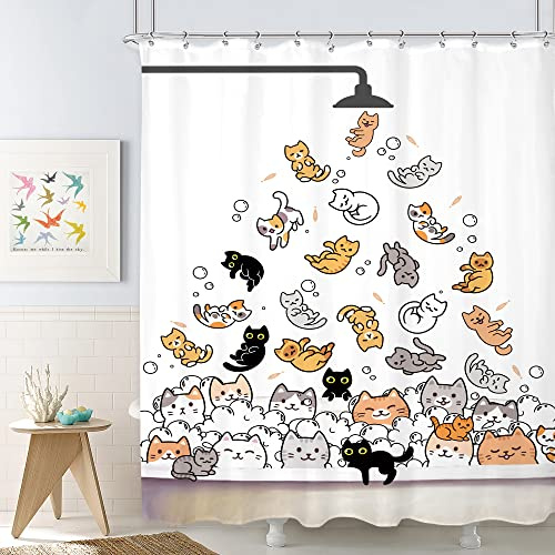 SVBright Cat Shower Curtain for Kids，Cute Shower Curtains，Funny Cat Lover Fabric Shower Curtain，Cartoon Animal Hilarious Water Bathroom Children 60Wx72L Inch Waterproof Polyester Bathtub 12 Pack Hooks