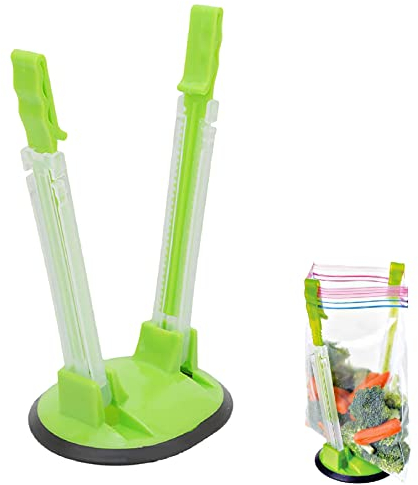 Green Adjustable Plastic Bag Rack Holder for Food Storage and Freezer, Food Prep Stand with Sandwich Bag Support